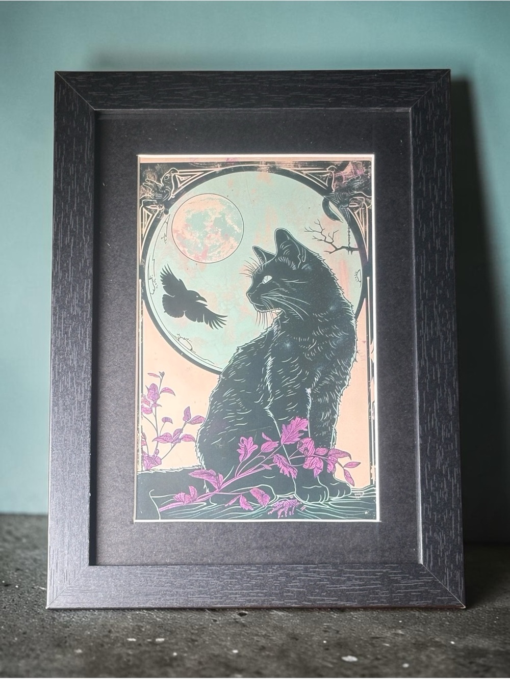 🐈‍⬛ Mystical Black Cat & Moon Framed Art – Brand New!